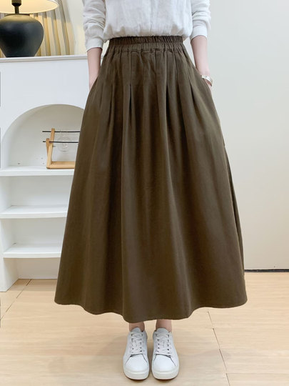 Spring and Autumn Over-The-Knee Skirt for Women, Elastic Waist, Mid-Length Skirt, Solid Color A-Line, Pure Cotton Long Skirt, Slimming Women's Long Skirt with Pockets