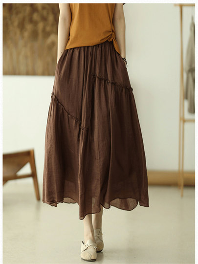 Solid Color Ramie Skirt for Women Summer Literary and Versatile Lace Fairy Elegant Double Layer Loose A-Line Long Skirt for Small People