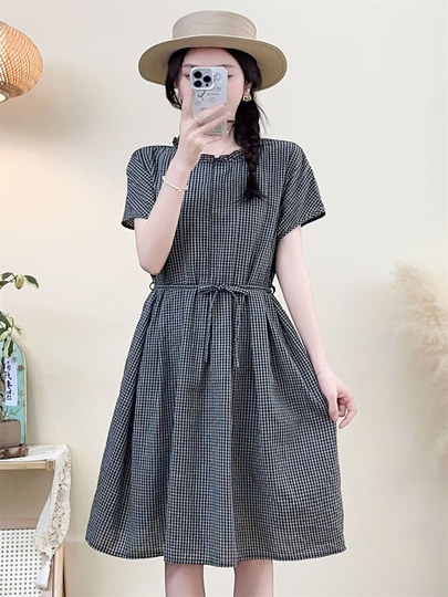 Black and White Checkered Cotton and Linen Hand-Pleated Ruffle Collar Tie Loose Dress for Women, Knee-Length Midi Dress for Petite Women