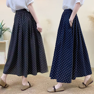 Original Artistic Cotton and Linen Polka Dot Skirt for Women, Drapey and Versatile, Cotton A-Line Skirt, Mid-Length, Petite Long Skirt