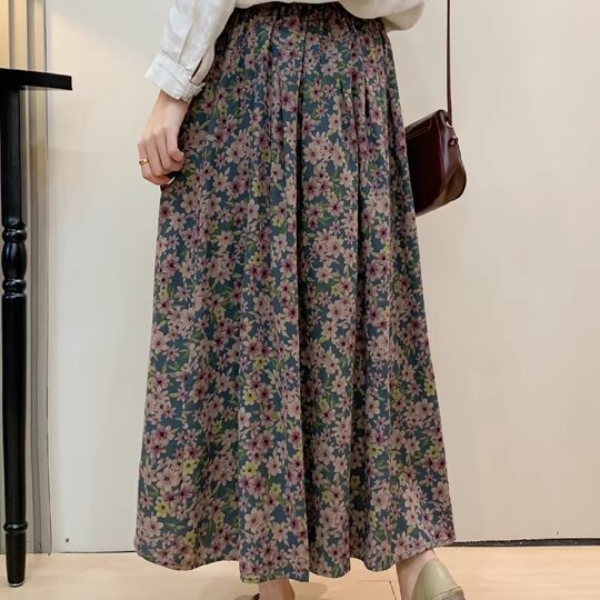 Retro Pure Cotton Floral Skirt for Women High-Waisted A-Line Skirt 20226 Spring Slimming Look Mid-Length Skirt