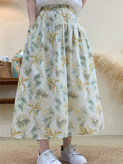 2025 New Literary Pure Cotton Printed Skirt Small Floral Versatile Small High Waist Big Swing A-Line Midi Skirt