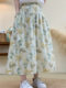 2025 New Literary Pure Cotton Printed Skirt Small Floral Versatile Small High Waist Big Swing A-Line Midi Skirt