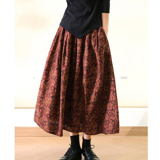 Retro Style Floral Skirt, Spring Elastic Waist, Loose and Versatile, Cotton Gauze A-Line Pleated Umbrella Skirt, Mid-Length Skirt
