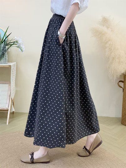 Original Artistic Cotton and Linen Polka Dot Skirt for Women, Drapey and Versatile, Cotton A-Line Skirt, Mid-Length, Petite Long Skirt