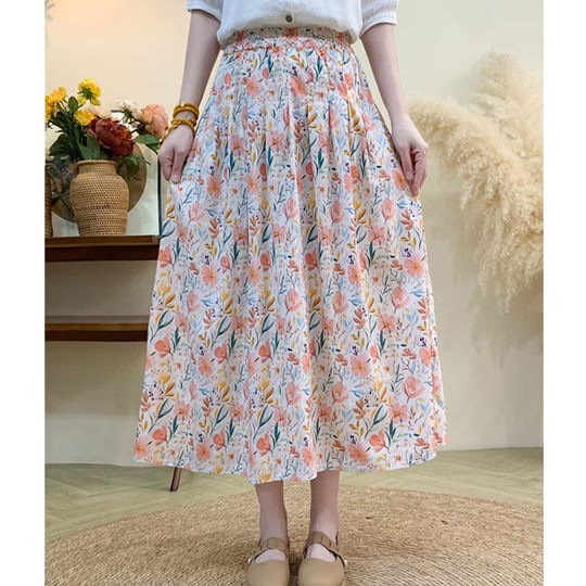 Cotton Floral Print Midi Skirt for Women, 2025 Summer New Style, Floral Oil Painting Pattern, Petite Long Skirt