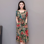 Váy lụa cotton cho phụ nữ trung niên 40-50 tuổi Mẹ trung niên có tay ngắn size lớn Váy hoa mùa hè