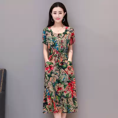 Middle-aged and elderly women's cotton silk dress 40-50 years old middle-aged mother's short-sleeved large size slim floral skirt summer