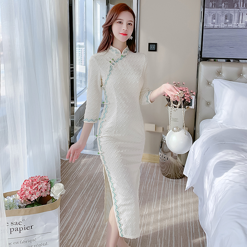 Modified Cheongsam dress children's eight-point sleeve 2021 new summer long version slim temperament lady dress