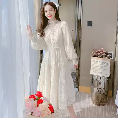 Lace dress long sleeves summer 2021 new mid-waist zipper French temperament mid-length fairy bottoming skirt