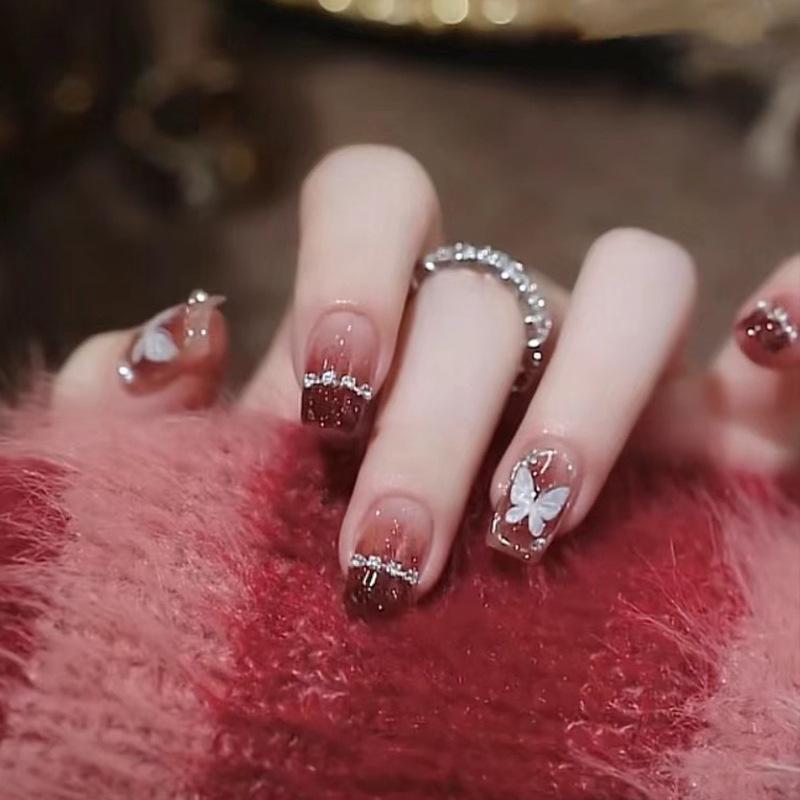 Handmade Sparkling Wearable Nails with Butterfly Rhinestones, Red Blush Wearable Nail Patches, Suitable for Pregnant Women, for Weddings Handmade Sparkling Wearable Nails with Butterfly Rhinestones, Red Blush Wearable Nail Patches, Suitable for Pregnant Women, for Weddings