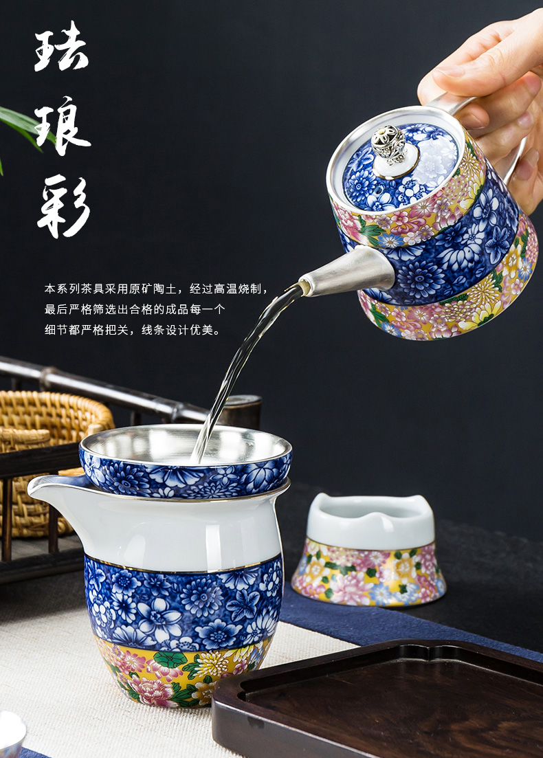 Building in blue and white porcelain pot teapot silver colored enamel coppering. As ceramic teapot single pot of kung fu tea set