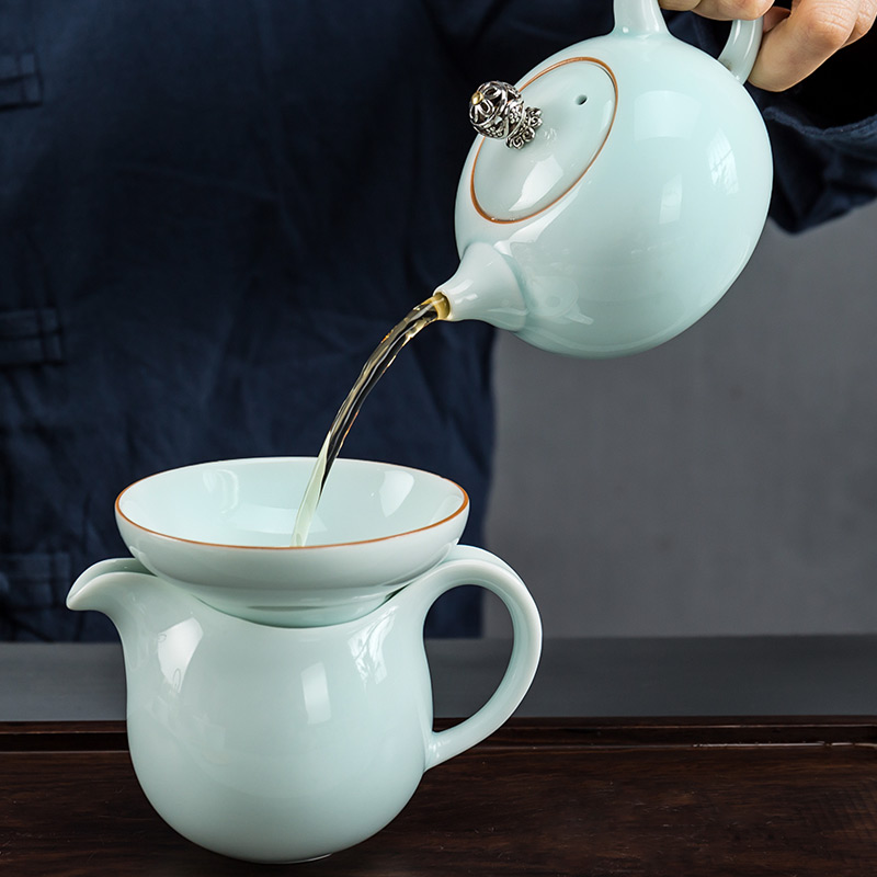 In floor white porcelain kung fu tea tureen teapot teacup household shadow of a complete set of green fat white ceramic tea set