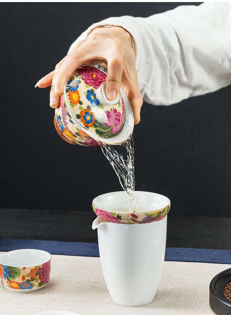 In floor enamel Mosaic gold silk peony filtering kung fu tea set white porcelain tea filters)
