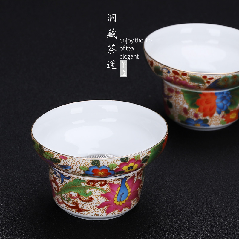 In floor enamel Mosaic gold silk peony filtering kung fu tea set white porcelain tea filters)
