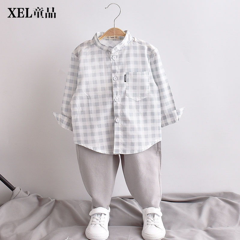 Can be used as sunscreen clothes~new summer plaid shirt Baby Foreign school top Boys long-sleeved shirt cotton and linen thin section