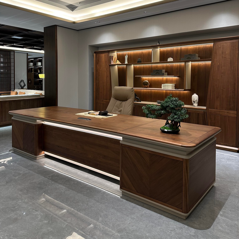 New Chinese-Style Office Desk, Solid Wood Boss Desk, Black Walnut Wood, High-End Chairman Desk, Executive Desk, Ceo Desk, Office Desk