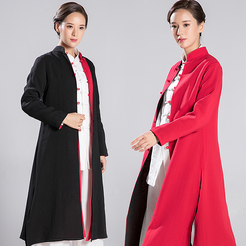 2022 Chunqiu Wuong's new coat lady cotton linen double face wearing jacket China wind long version open fork windsuit
