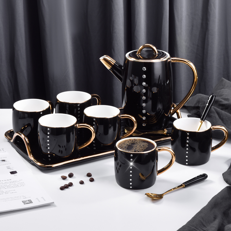 Naughty Xuan Black Luxurious Ceramic Cold Kettle Home Teapot Tea Set Water Tool Suit Creative Insert Drilling Water Glass Suit
