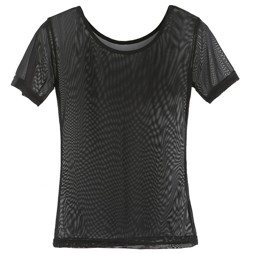 Черная кружевная шелковая приятная телу футболка, короткий рукав, с рукавом