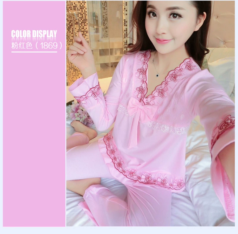 Bộ đồ ngủ nữ tay dài cotton mùa xuân và mùa thu cotton nữ mùa thu đông Hàn Quốc dễ thương 2018 New Princess Wind Set đồ bộ ngủ