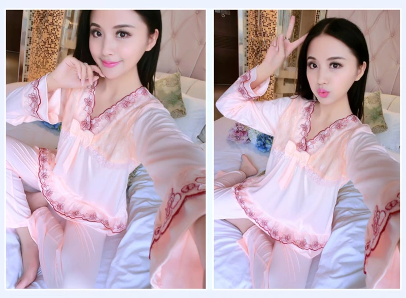 Bộ đồ ngủ nữ tay dài cotton mùa xuân và mùa thu cotton nữ mùa thu đông Hàn Quốc dễ thương 2018 New Princess Wind Set đồ bộ ngủ