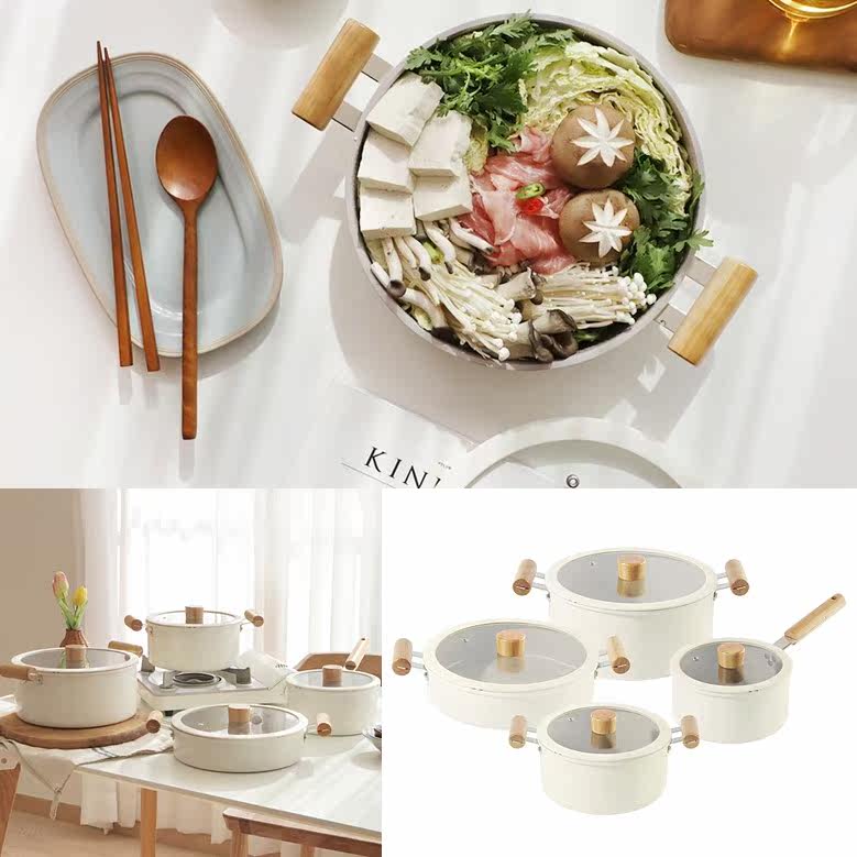 South Korea's mouth to eat and broadcast the same white induction cooker with lid double handle stew wok non-stick frying pan kitchenware