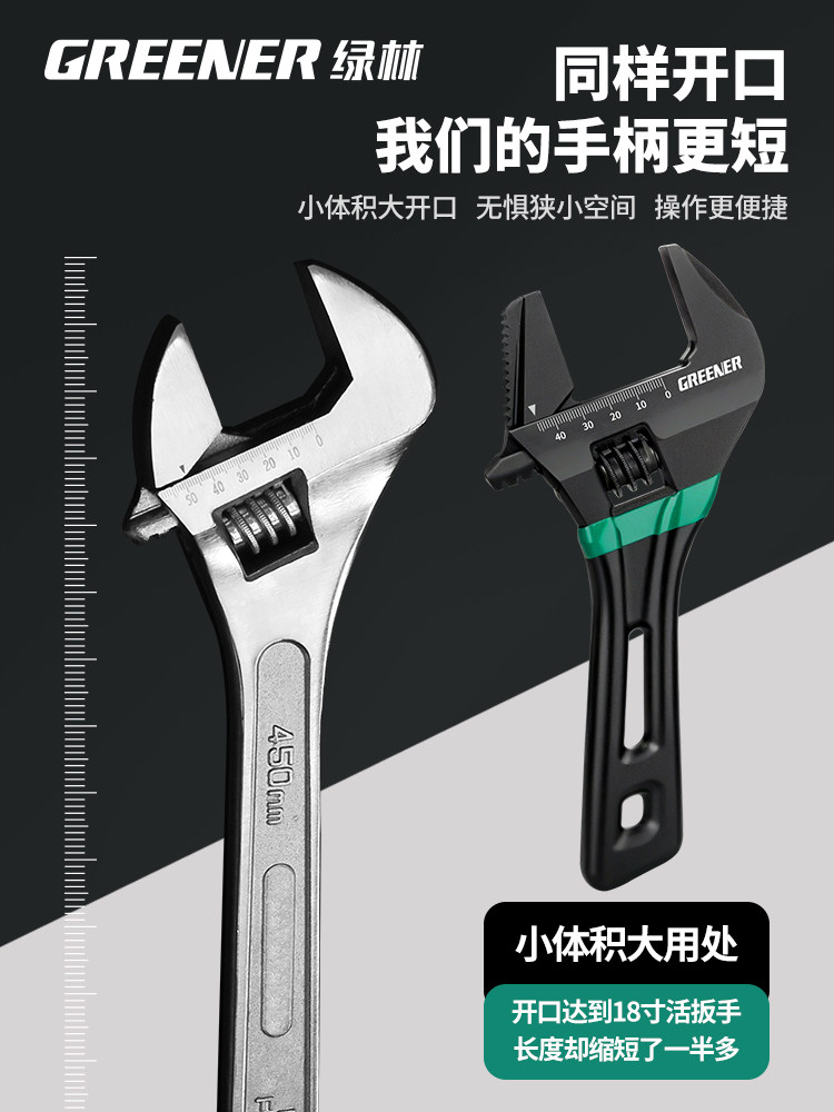 Green Forest Large Open-End Adjustable Wrench, Universal Short-Handle Adjustable Wrench, Multi-Functional Tool for Narrow Spaces, Bathroom-Specific Tool