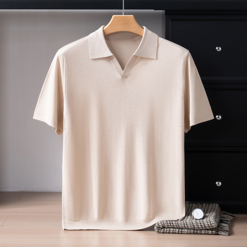 Men's Fine-Spun Mulberry Silk Cashmere Seagull Collar Knitted Short-Sleeve Summer Cool Breathable Casual Half-Sleeve Velvet T-Shirt