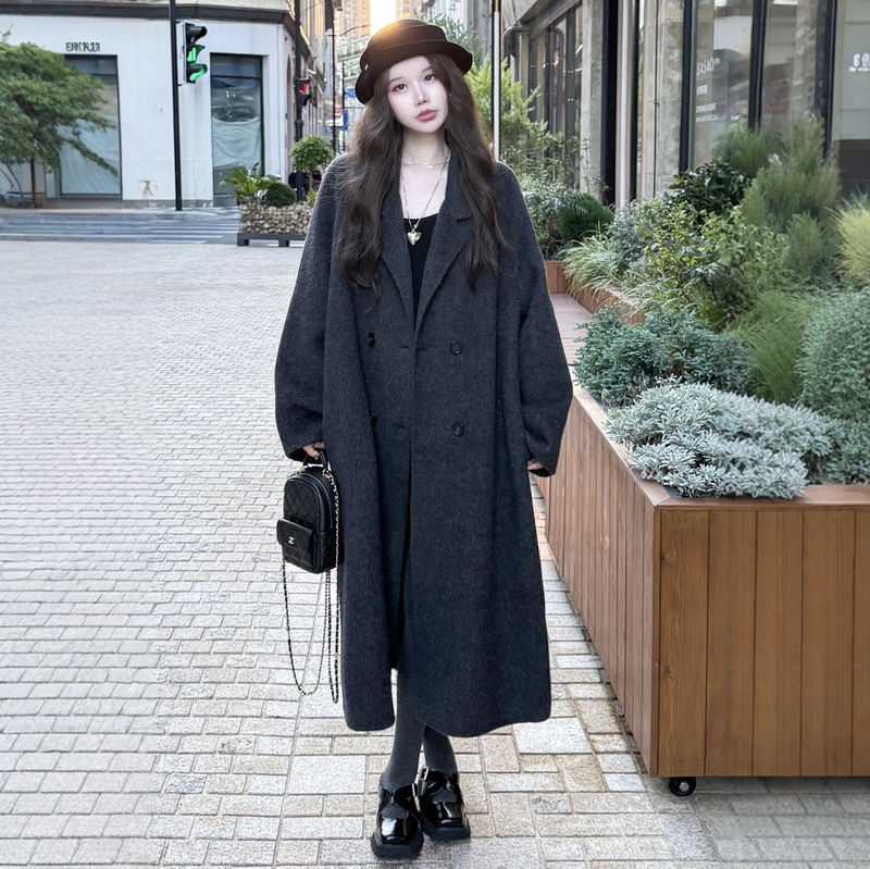 Black and Gray Double-Sided Cashmere Coat for Women 2025 Autumn and Winter New Mid-Length High-End Woolen Korean Style Jacket