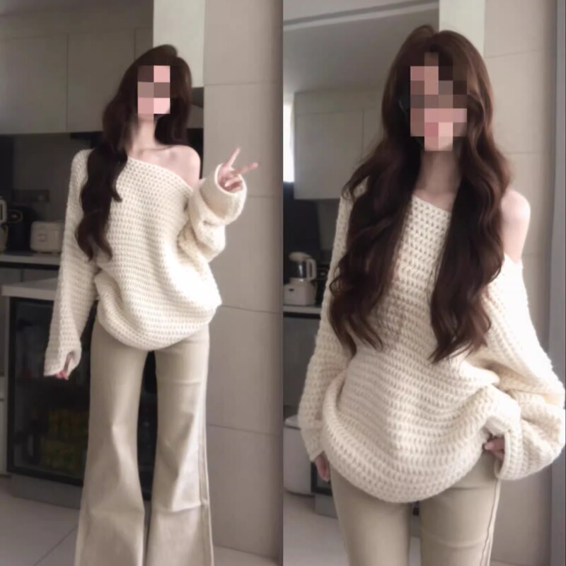 Oversized White One-Shoulder Sweater for Women, Spring, Autumn and Winter, Loose and Lazy Mid-Length Knitted Sweater Top