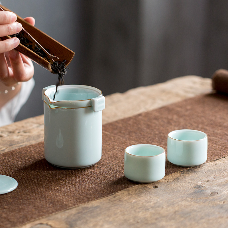 Jun ware celadon crack cup is suing travel a pot of tea set suit portable small sets of kung fu 2 cups with you receive