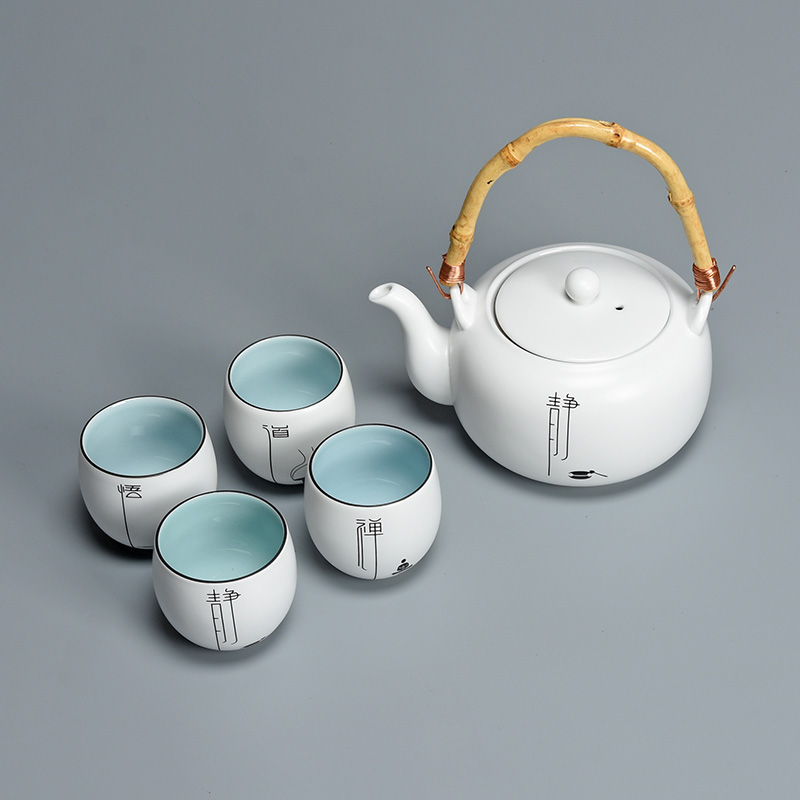 Jun ware fat white teapot tea tea set ceramic household small set of Chinese contracted girder pot a pot of four cups