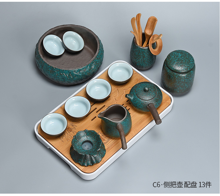 Jun ware moss coarse pottery kung fu tea set suit creative Japanese household ceramic teapot tea tray of a complete set of restoring ancient ways suit