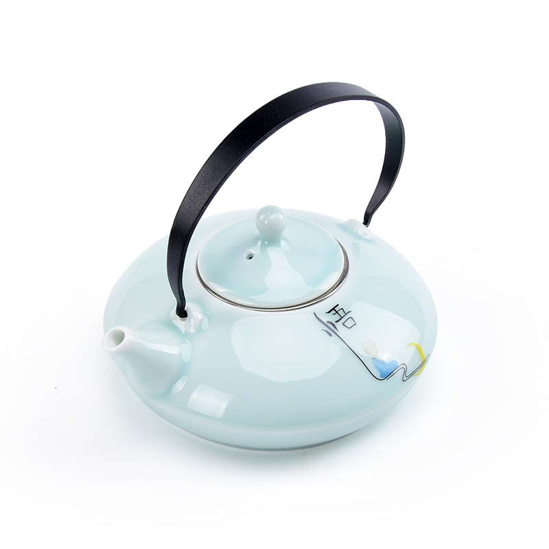 Jun ware celadon big pot pot of stainless steel filter tea zen girder iron handle ceramic teapot