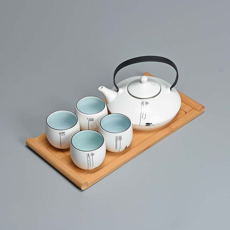 Jun ware fat white teapot tea tea set ceramic household small set of Chinese contracted girder pot a pot of four cups