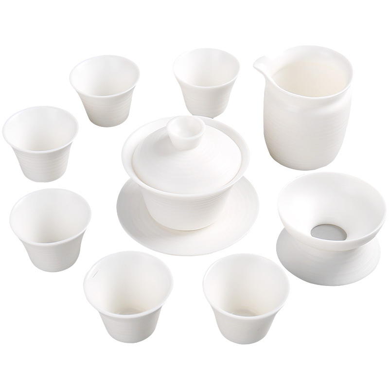 Jun ware dehua white porcelain kung fu tea set hand lines tureen manual suit household contracted tea cups