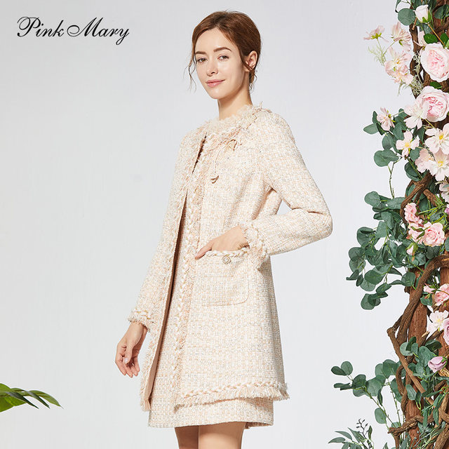 ເສື້ອກັນໜາວ PinkMary Pink Mary 2021 Spring Tweed Jacket Slim Medium Long Coat PMAKS6601