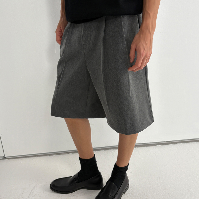 Haonanhuang Old Money Style Tr Blend Double Pleated Loose Semi-Elastic Waist Casual Dress Pants Bermuda Shorts