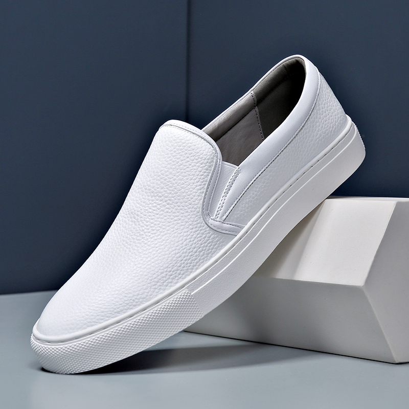 Autumn Middle-Aged and Elderly Men's White Leather Slip-On Loafers, Summer Breathable Men's Shoes, Hollow Sandals for Men