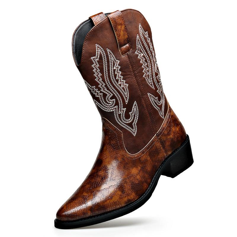 Genuine Leather Western Cowboy Boots for Men, Mongolian Grassland Knight Boots, Trendy Pointed-Toe British Martin Boots, Large Size High-Top Boots