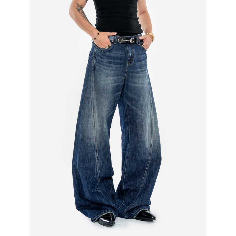 Dbw Doublewin Three-Dimensional Split Vintage Washed Distressed Whiskered Jeans Loose Straight Wide-Leg Pants