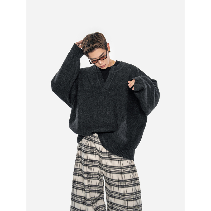 Dbw Doublewin Lazy Style Oversized Wool Blend V-Neck Sweater Loose Drop Shoulder Versatile Pullover Knitwear Dbw Doublewin Lazy Style Oversized Wool Blend V-Neck Sweater Loose Drop Shoulder Versatile Pullover Knitwear