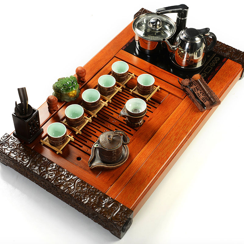 Hui make yixing purple sand of a complete set of kung fu tea set ice crack four unity induction cooker solid wood tea tray