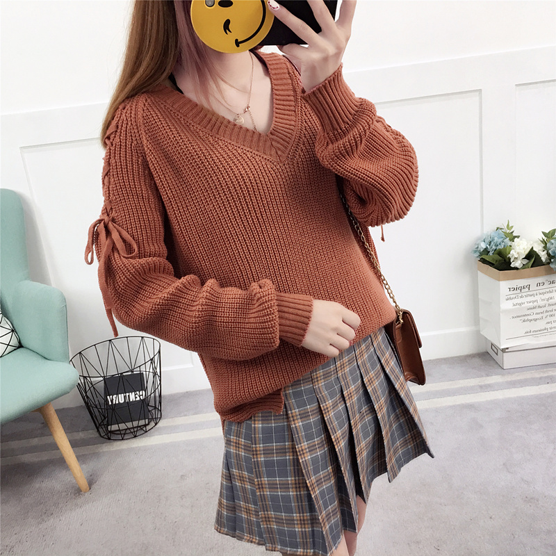 Mùa thu mới phiên bản Hàn Quốc của dây đai bên hông áo len ngã ba áo len nữ cổ chữ V dài tay áo len - Áo / áo thun áo khoác len