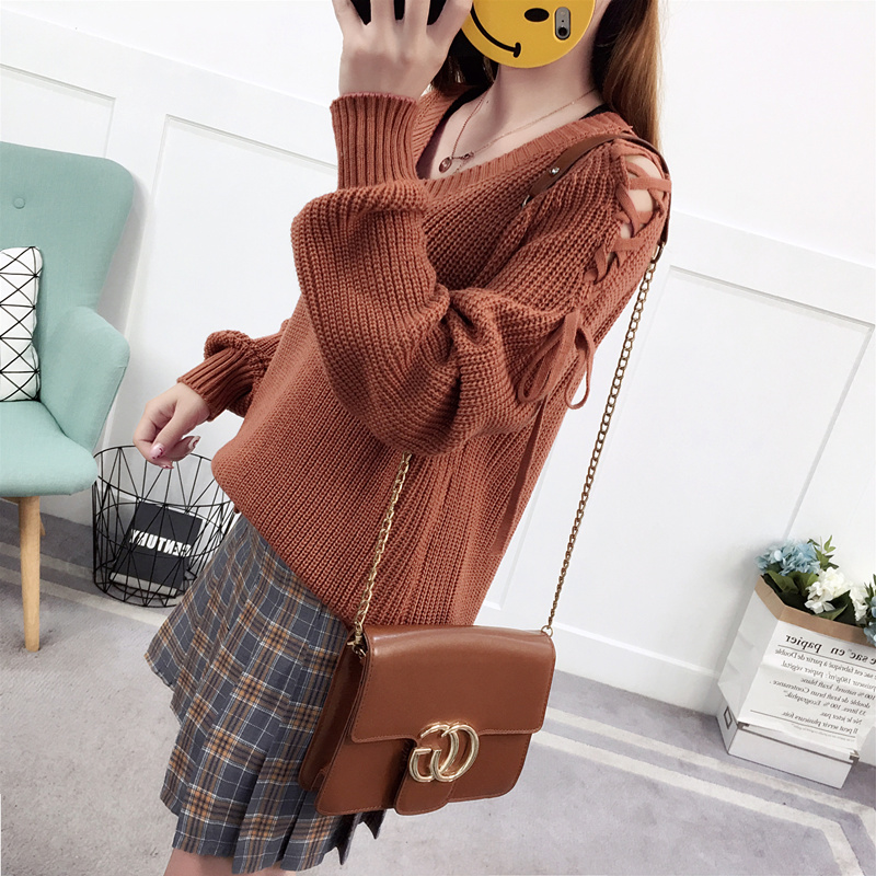 Mùa thu mới phiên bản Hàn Quốc của dây đai bên hông áo len ngã ba áo len nữ cổ chữ V dài tay áo len - Áo / áo thun áo khoác len