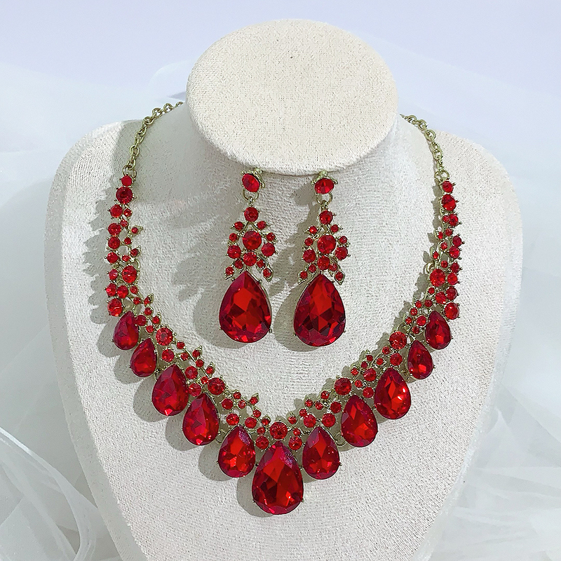 High-End Party Dress Necklace and Earrings Accessories for Evening Wear, Paired with Rhinestones, Light Luxury, Foreign Trade Cross-Border Jewelry, Red, High-Grade High-End Party Dress Necklace and Earrings Accessories for Evening Wear, Paired with Rhinestones, Light Luxury, Foreign Trade Cross-Border Jewelry, Red, High-Grade