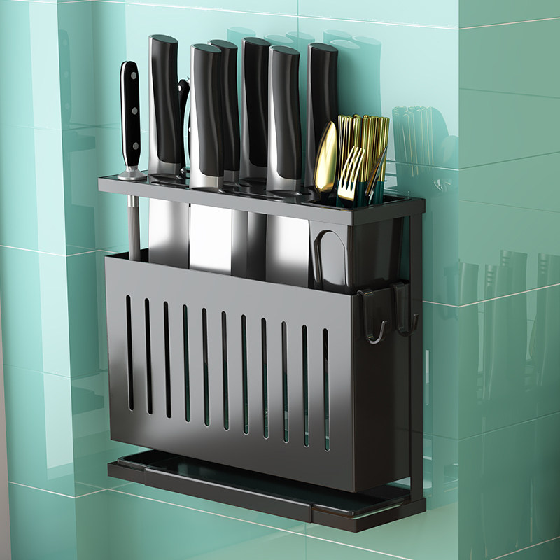 Home Kitchen Wall-mounted Cutter Rack Multifunction Integrated Free Punch Cutter Chopsticks Tableware Drain Shelf