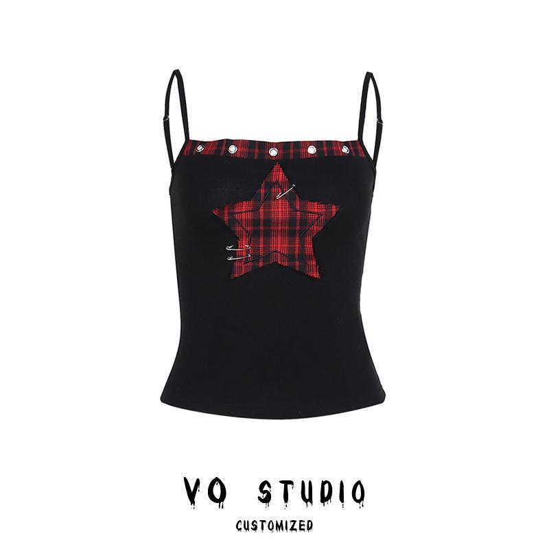 Vostudio Subculture Five-Pointed Star Plaid Patch Suspender Punk Pin Eyelet Vest Women's Inner Top