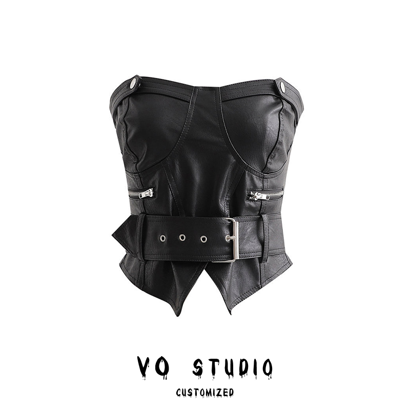 Vostudio Cool and Stylish Sexy Pu Leather Lace-Up Waist-Cinching Tube Top Punk Hot Girl Bustier Top for Women